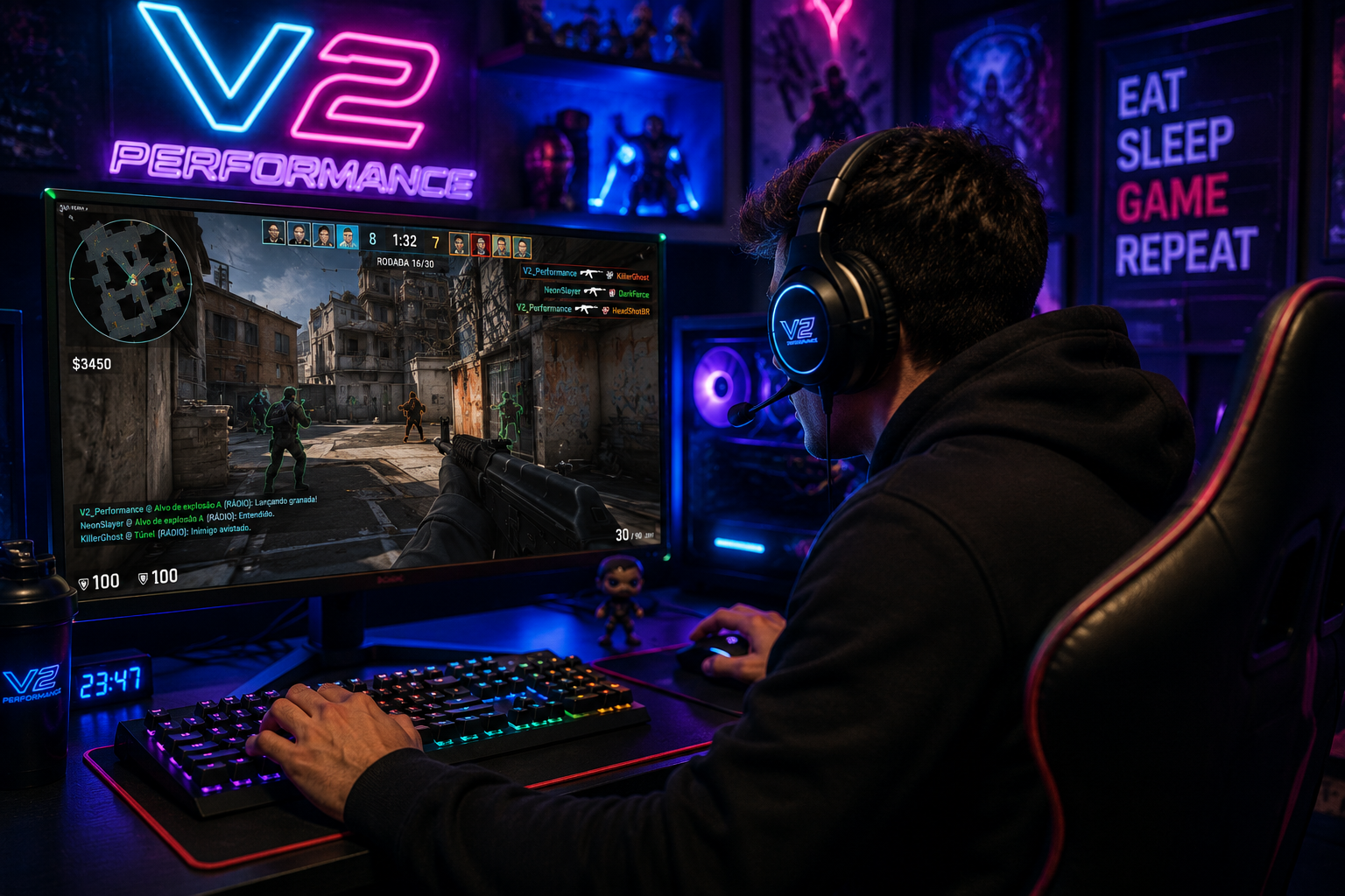 Gamer jogando com o V2 Performance ativo