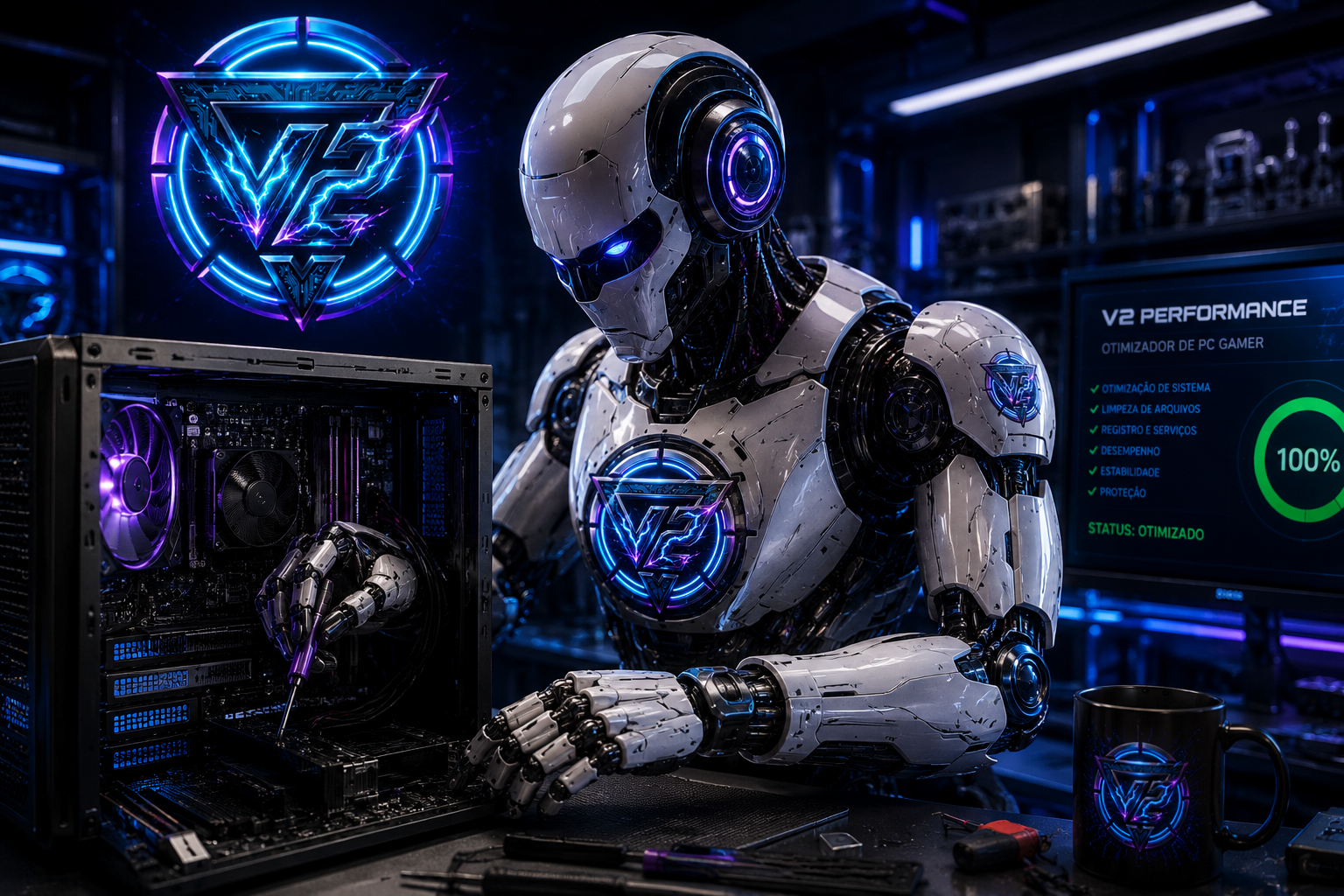 Robô técnico humanizado cuidando de um computador