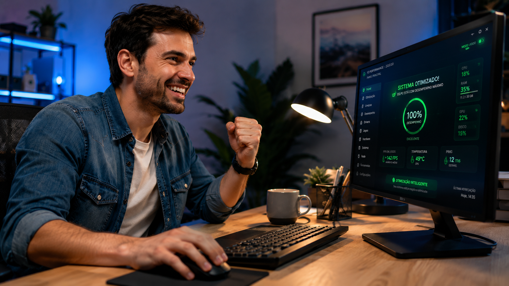 Usuário satisfeito com computador otimizado pelo V2 Performance