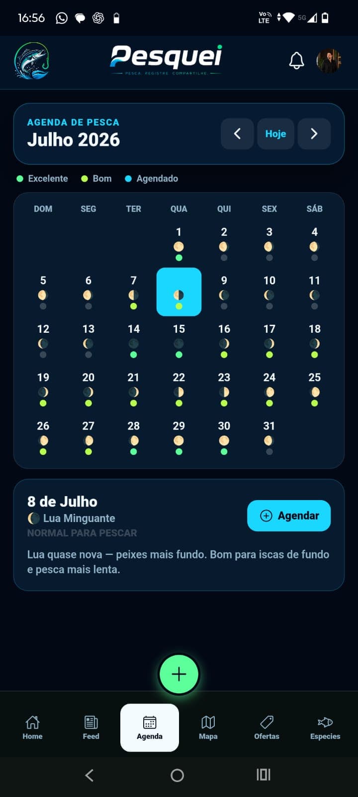 Agenda de pesca do mês com fases da lua e dias bons