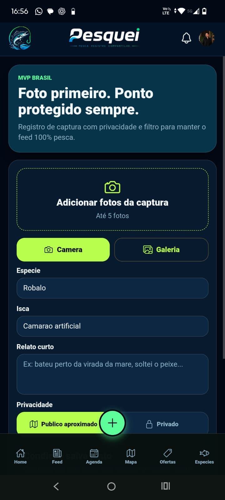 Registrar captura com foto e controle de privacidade