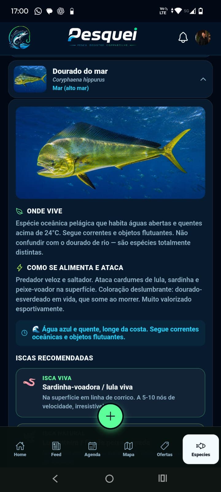 Detalhe da espécie com habitat, alimentação e iscas