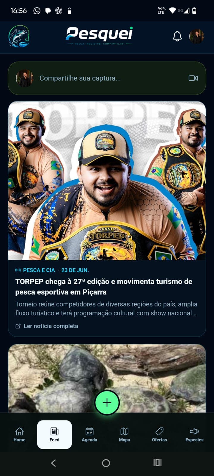 Feed com notícias de pesca e posts da comunidade