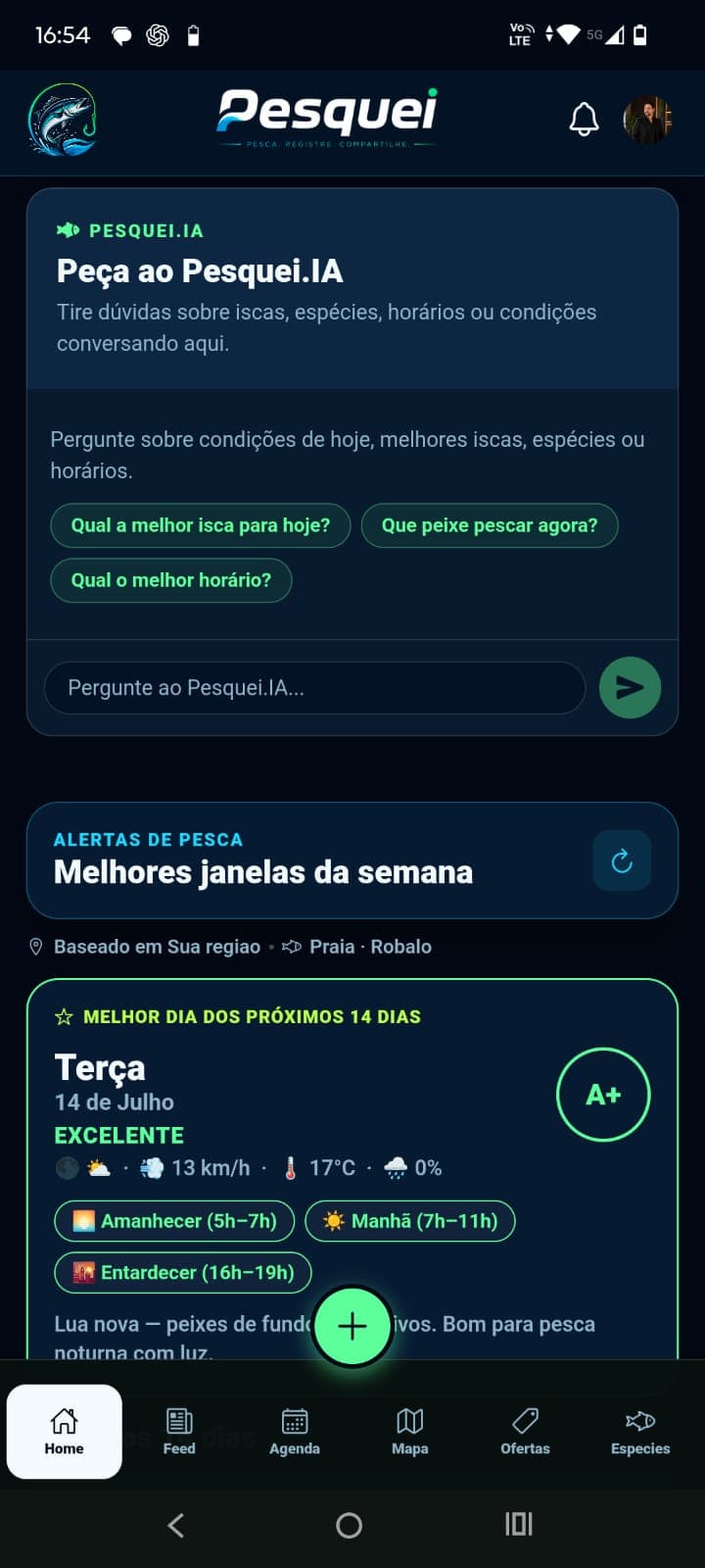 Chat da Pesquei.IA com perguntas sobre pesca