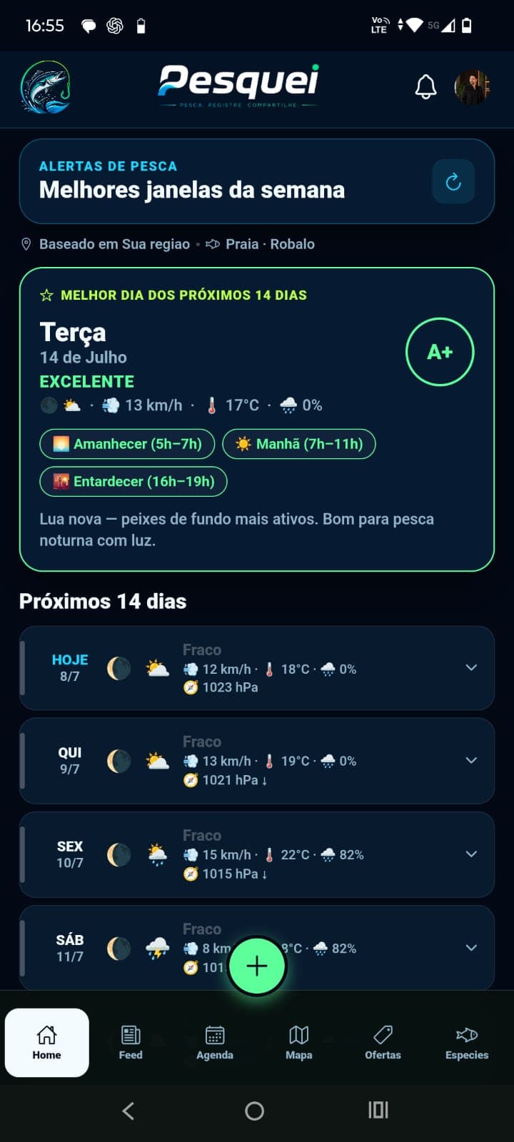 Alertas com as melhores janelas de pesca da semana