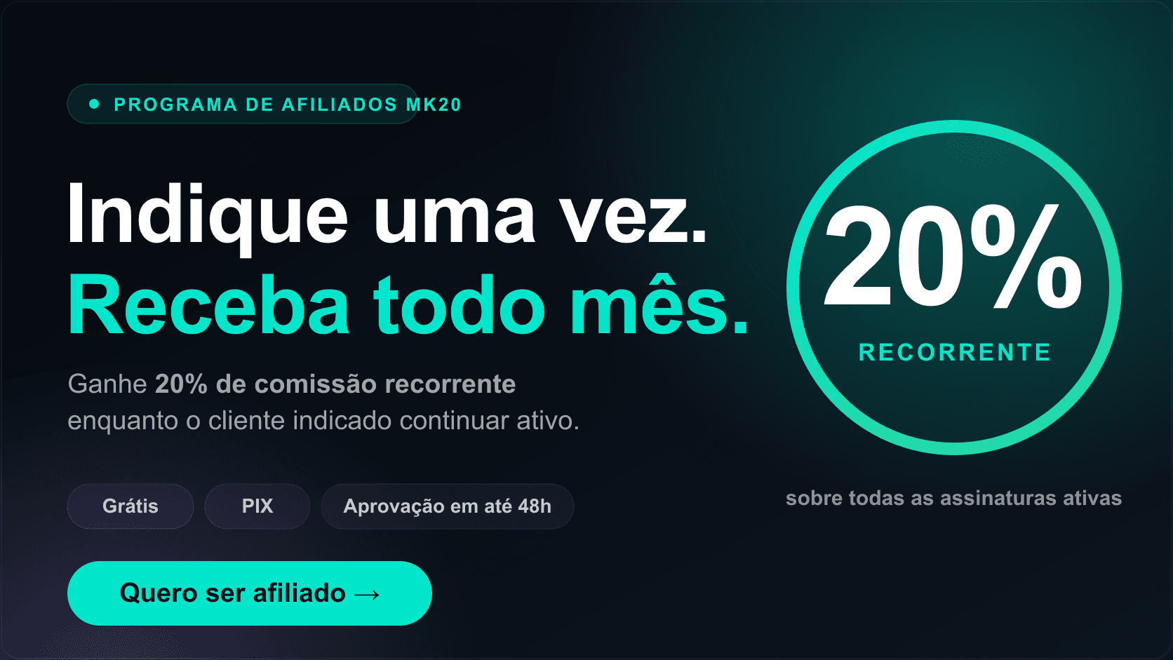 Programa de Afiliados MK20 — indique uma vez e receba 20% de comissão recorrente todo mês